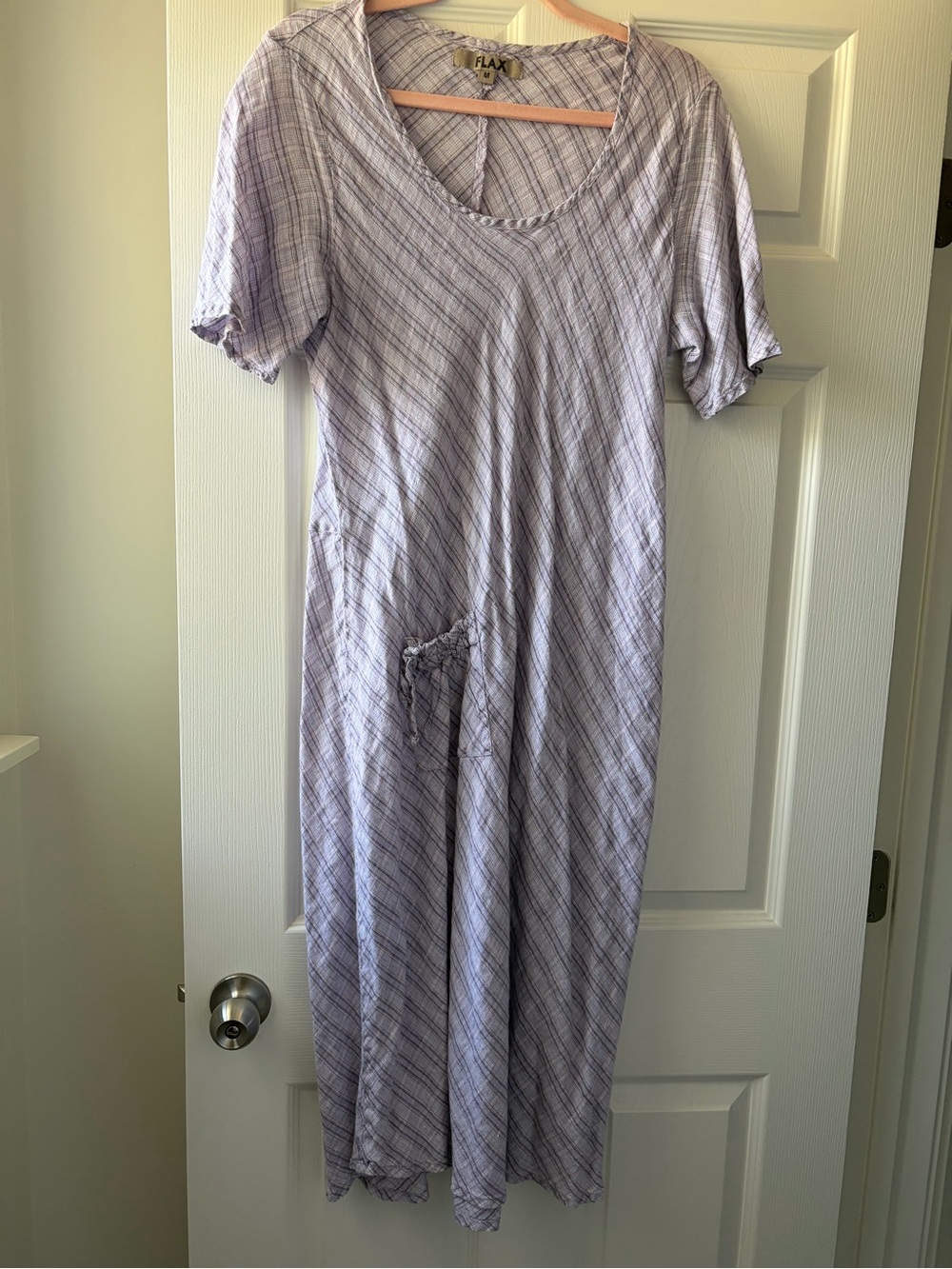 FLAX brand women’s linen Lavender Plaid Short-Sleeve Maxi Dress